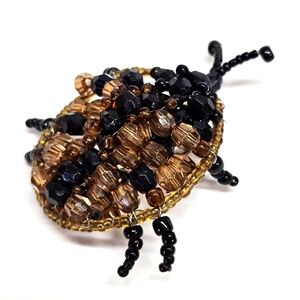 VINTAGE Handmade Brown & Black Beaded Ladybug Beetle Brooch Pin